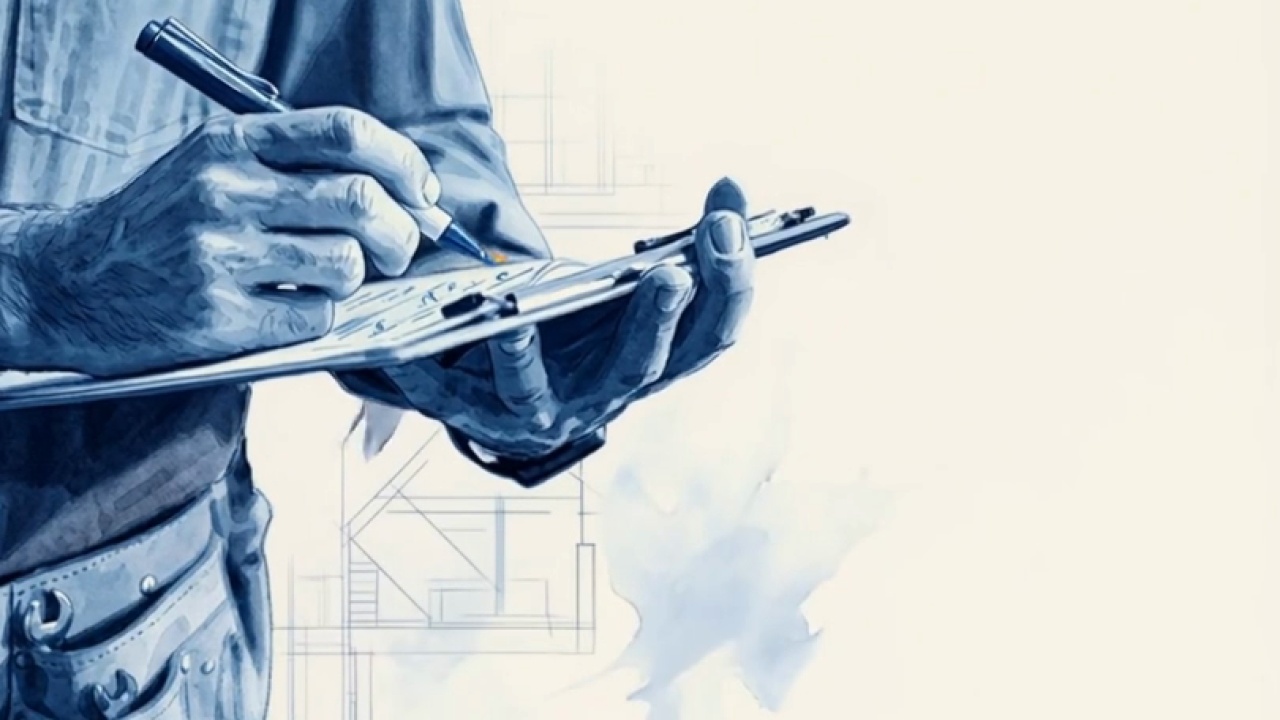 A worker holding a clipboard and writing against blueprint lines