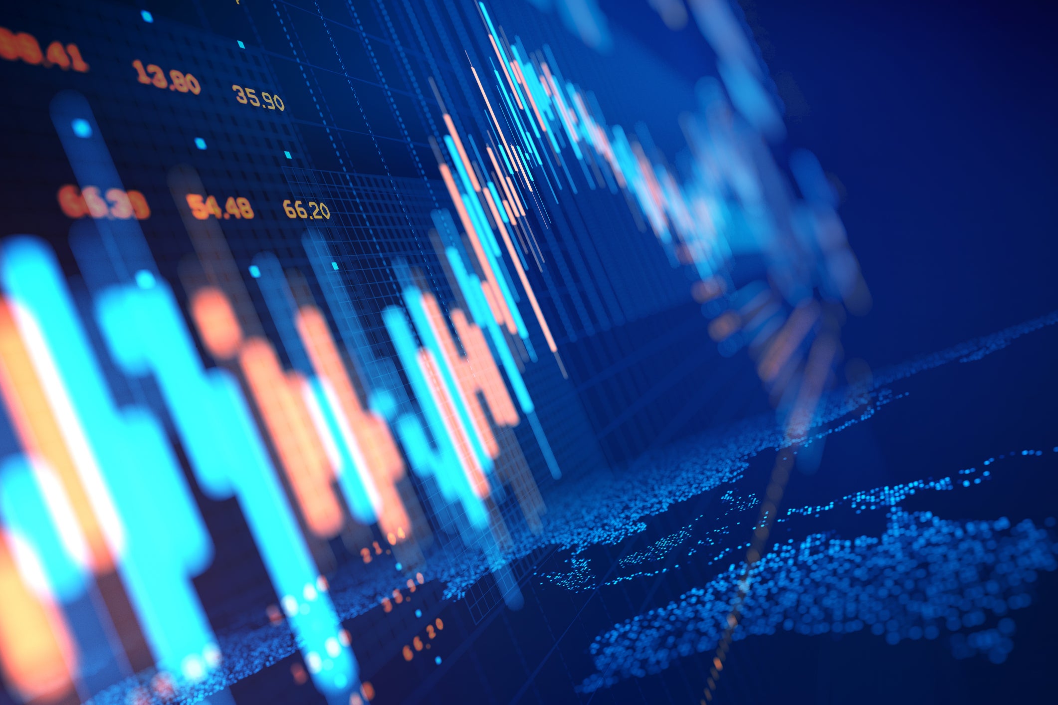 Digital illustration of financial charts, graphs, and numerical data