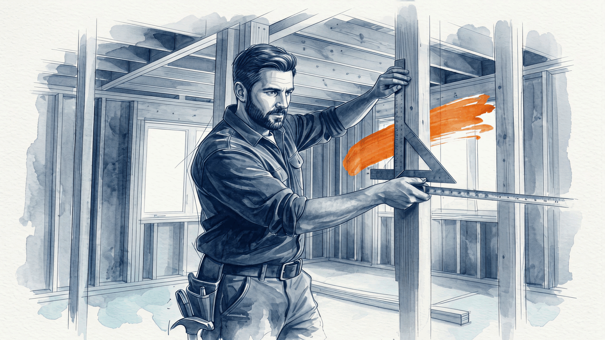 A watercolor illustration of a carpenter measuring a structure under construction