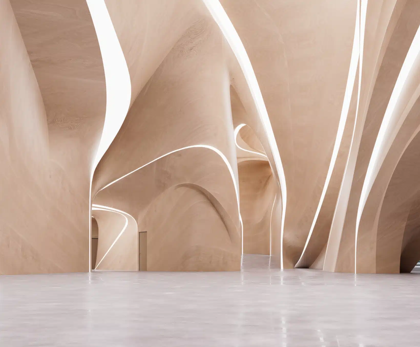 A bright, sculptural interior with flowing architectural forms